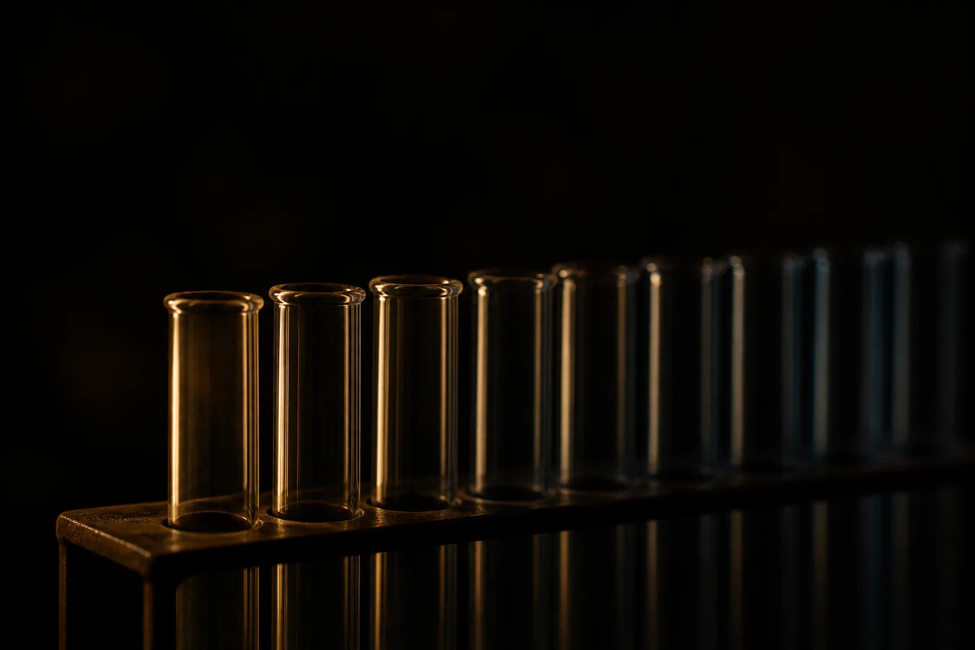 A row of empty glass test tubes in a metal rack, lit from one side.